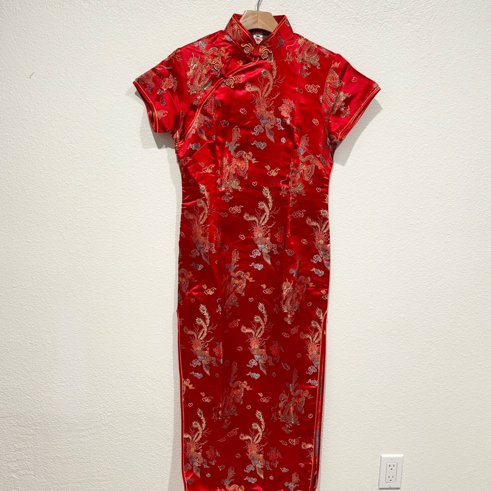 NWT chinese red cheongsam qipao dragon phoenix satin traditional wedding dress